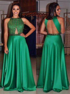 A Line Scoop Sleeveless Green Satin Open Back Prom Dress with Beading