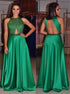 A Line Scoop Sleeveless Green Satin Open Back Prom Dress with Beading LBQ3002