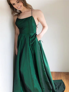 Satin Spaghetti Straps A Line Zipper Up Prom Dresses