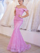 Pink Off Shoulder Mermaid Sequined Organza Prom Dresses