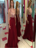 Burgundy Lace Chiffon Champagne V Neck Open Back Prom Dresses LBQ3171