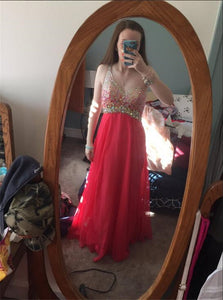 A Line V Neck Sequins Red Chiffon Prom Dresses 