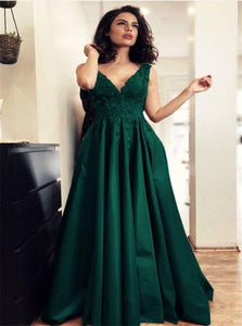 Dark Green A Line Satin Appliques Floor Length Prom Dresses