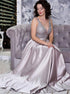 V Neck Silver Sequins Ball Gowns Satin Sweep Train Prom Dress LBQ1879