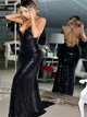 Black Mermaid Sleeveless Sweep Train Sequined Prom Dresses