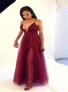 A Line V Neck Chiffon Prom Dresses with Slit 