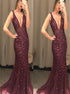 Mermaid V Neck Burgundy Rhinestone Tulle Prom Dresses LBQ3177
