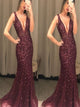 Mermaid V Neck Burgundy Rhinestone Tulle Prom Dresses 