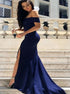 Navy Blue Mermaid Off Shoulder Satin Prom Dress with Slit LBQ2164