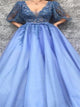 Blue V Neck Half Sleeves A Line Tulle Prom Dresses With Appliques LBQ2431