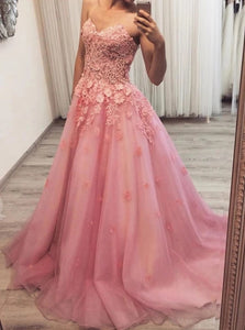 Sweetheart Pink Tulle Appliqued Sweep Train Prom Dresses