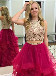 Two Piece Tulle A Line Scoop Lace Prom Dresses with Beadings