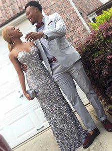 Sheath Spaghetti Straps Floor Length Sleeveless Sequins Tulle Prom Dresses