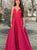 A Line Spaghetti Straps V Neck Red Satin Pleats Prom Dresses