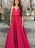 A Line Spaghetti Straps V Neck Red Satin Pleats Prom Dress LBQ3113