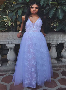 A Line V Neck Appliques Tulle Prom Dresses 