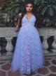 A Line V Neck Appliques Tulle Prom Dresses 
