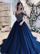 A Line Off the Shoulder Dark Blue Tulle Beads Prom Dresses