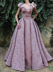 Ball Gown V Neck Satin Prom Dresses with Appliques
