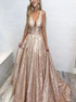 Sequin A Line Deep V Neck Sleeveless Prom Dress LBQ2333