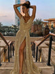 A Line Gold V Neck Sequins Prom Dress with Slit 