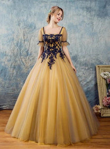 Ball Gown Gold Square Neck Lace Up Short Sleeve Tulle  Prom Dresses