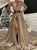 A Line One Sleeve Sequin Slit V Neck Prom Dresses LBQ1718