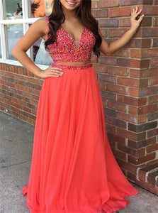 Two Piece V Neck Chiffon Beaded Red Prom Dresses