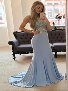 A Line Scoop Sweep Train Rhinestone Satin Prom Dresses 