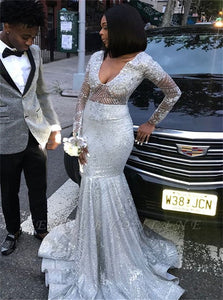 Mermaid V Neck Long Sleeves Sequins Sweep Train Prom Dresses