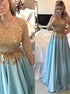 A Line Scoop Appliques Satin Long Sleeves Pleats Prom Dress LBQ2850