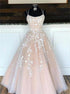 A Line Lace Up Tulle Prom Dress with Applique LBQ2354