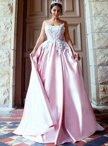 A Line Spaghetti Straps Pink Satin Backless Prom Dress with Appliques