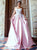 A Line Spaghetti Straps Pink Satin Backless Prom Dress with Appliques