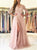 Scoop Split Blush Pink Long Sleeves Lace Open Back Prom Dresses