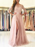 Scoop Split Blush Pink Long Sleeves Lace Open Back Prom Dress LBQ2061