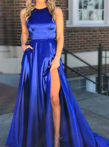 A Line Scoop Royal Blue Satin Prom Dresses