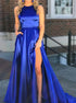 A Line Scoop Royal Blue Satin Prom Dress with Slit LBQ2165