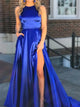 A Line Scoop Royal Blue Satin Prom Dresses