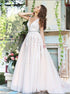 A Line V Neck Appliques Open Back Tulle Pink Prom Dress LBQ2984