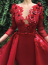 A Line Red Scoop Tulle Long Sleeves Appliques Prom Dress LBQ2749