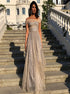 A Line Sequin Off Shoulder Open Back Prom Dresses LBQ1562