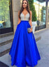 A Line V Neck Beadings Satin Open Back Prom Dress LBQ1983