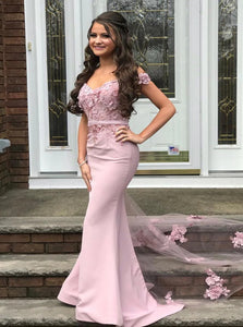 Mermaid Off Shoulder Lace Appliques Pink Satin Prom Dresses