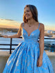 Ball Gown Spaghetti Straps Blue Lace V Neck Satin Prom Dresses