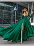 A Line Long Sleeves V Neck Chiffon Long Open Back Prom Dresses with Slit LBQ2079