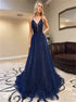 A Line Spaghetti Straps V Neck Navy Blue Tulle Beads Prom Dress LBQ2514