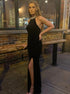 Sheath High Neck Black Satin Beadings Prom Dresses LBQ2185