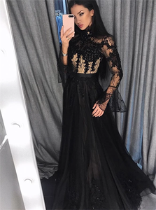 Black Long Sleeves Tulle High Neck Prom Dresses 