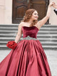 Burgundy Satin and Velvet Prom Dresses with Sweep Train